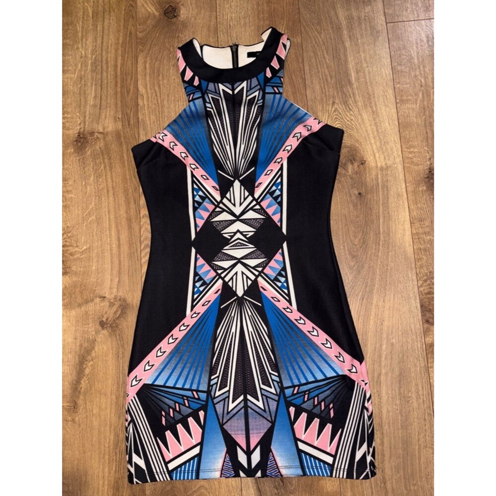 F21 Geometric Print Bodycon Dress in Black, Blue & Pink